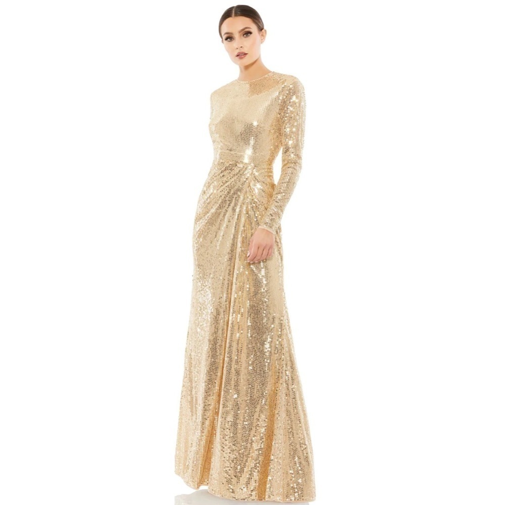 Mac Duggal 10824 NWT SEQUINED HIGH NECK LONG SLEEVE DRAPED GOWN